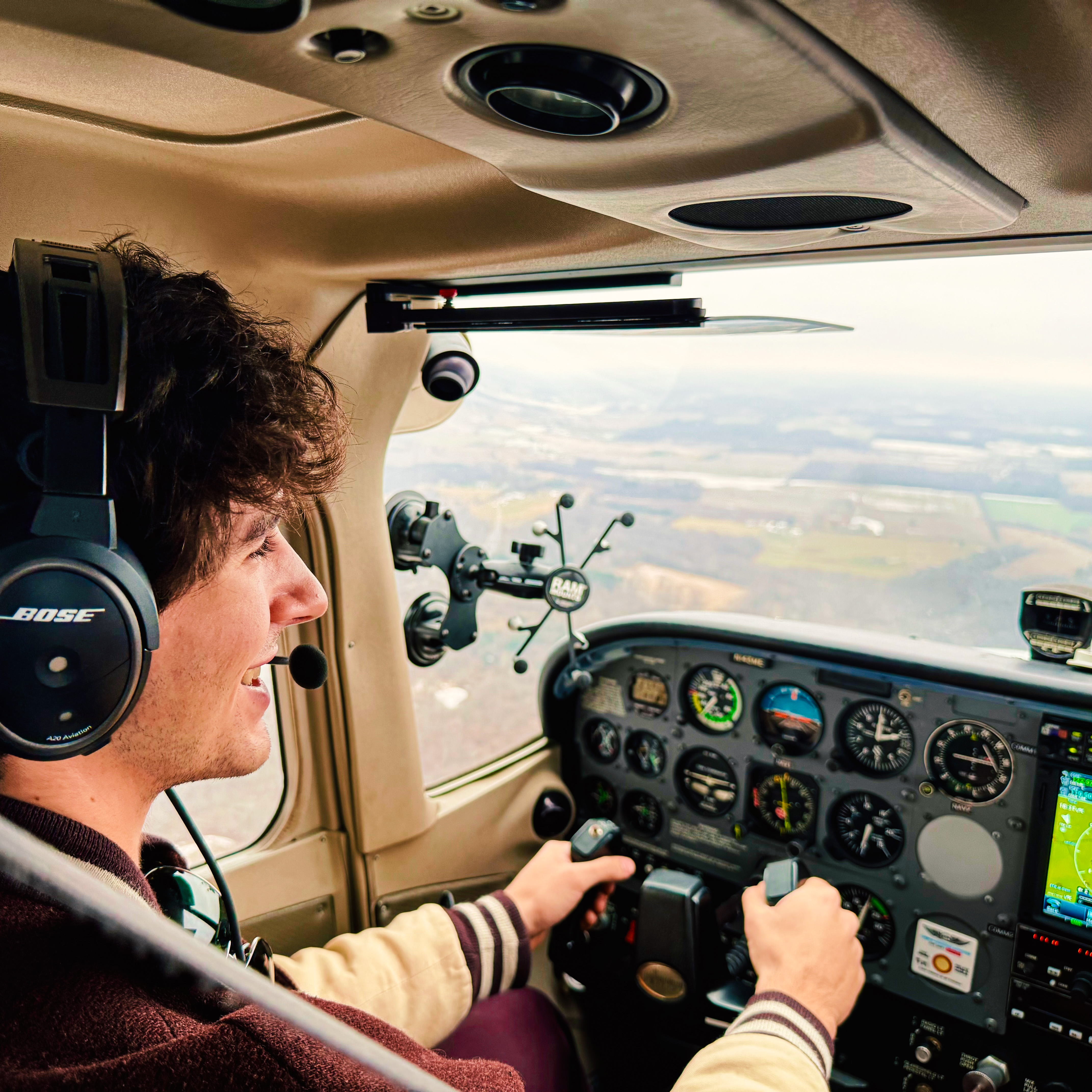 Student pilot in cockpit